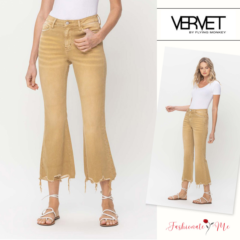 VERVET Croissant Vintage High Rise Raw Hem Detail Flare Jeans